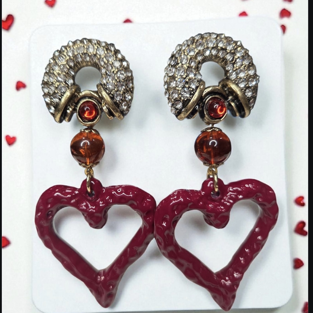 Oversized Chunky Enamel Heart Pave Crystal Runy Cabochon Statement Earrings